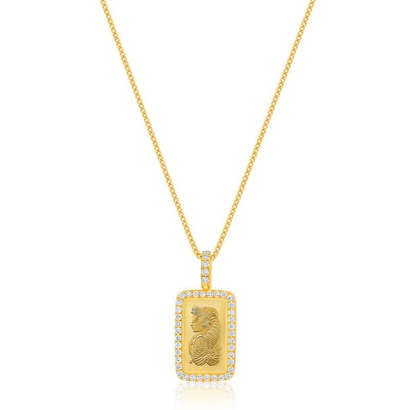 Micro 2.5g Suisse Fine Gold Bar (Lady Fortuna, Fully Iced) (14K YELLOW GOLD) - IF & Co. Custom Jewelers