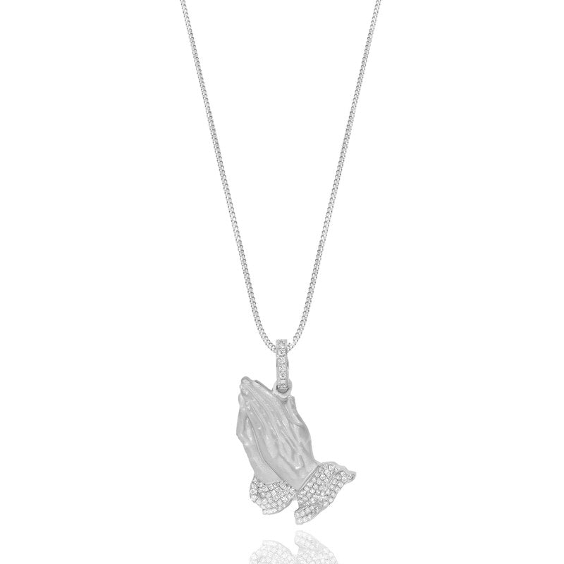 Micro Praying Hands Piece (Partially Iced) (14K WHITE GOLD) - IF & Co. Custom Jewelers