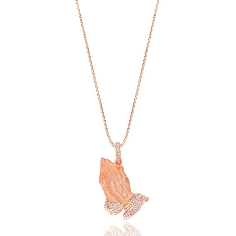 Micro Praying Hands Piece (Partially Iced) (14K ROSE GOLD) - IF & Co. Custom Jewelers