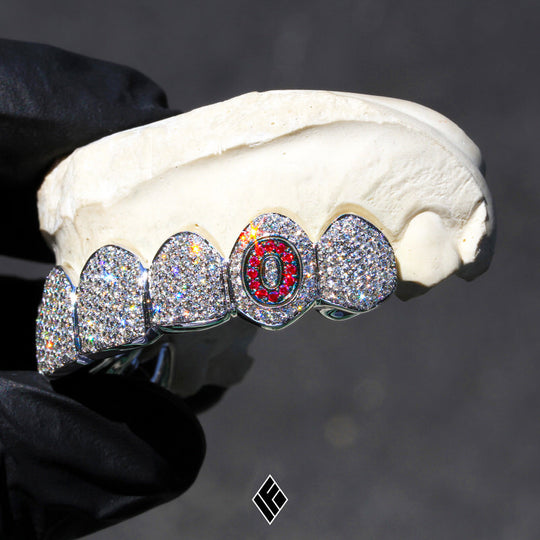 FULLY ICED WHITE DIAMOND GRILL W/ RUBY "O" FANG (TOP 8)