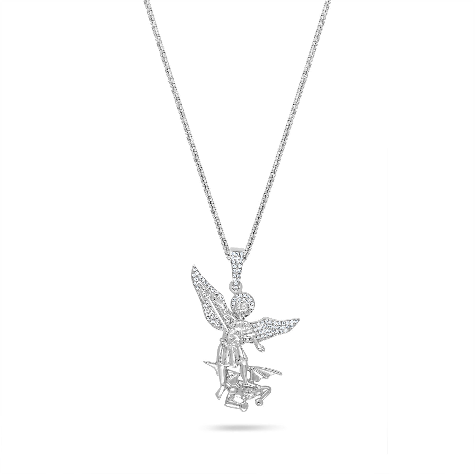 Gold Diamond Saint Michael Necklace Partially Iced If Co. 14K White Gold VS