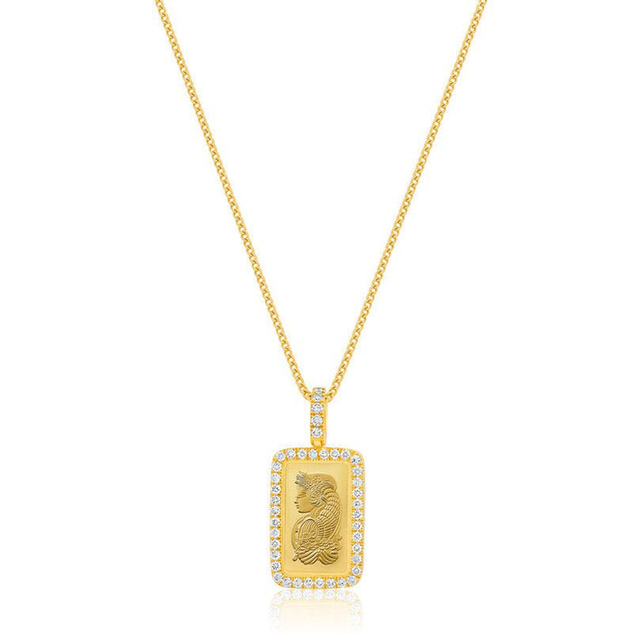 Micro 2.5g Suisse Fine Gold Bar (Lady Fortuna, Fully Iced) (14K YELLOW GOLD) - IF & Co. Custom Jewelers