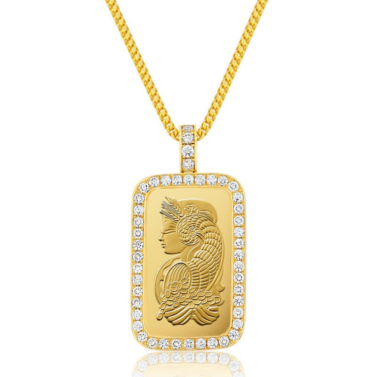 Gold Bar Necklace, PAMP Lady Fortuna w/ Round Diamonds IF