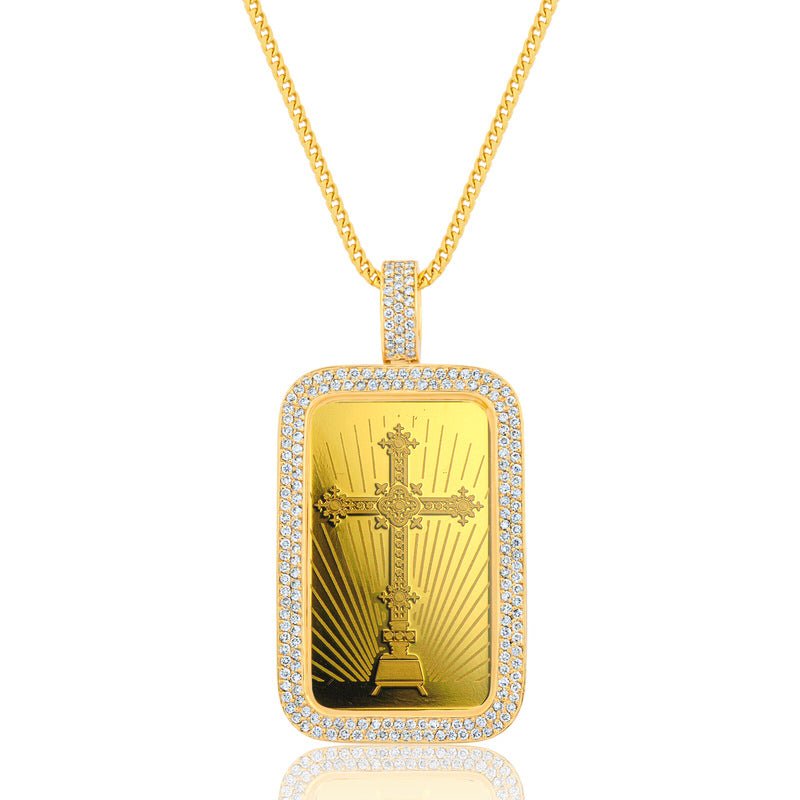 Standard 1oz. Suisse Gold Bar (Romanesque Cross, 2-Row Bezel) (14K YELLOW GOLD) - IF & Co. Custom Jewelers