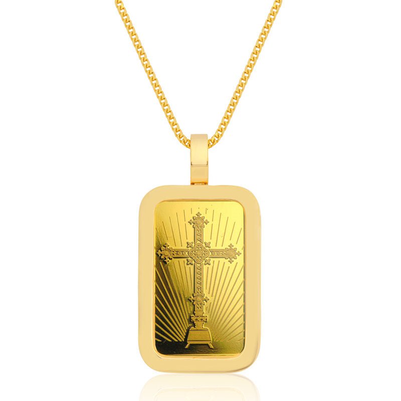 Standard 1oz. Suisse Gold Bar (Romanesque Cross, Solid Gold Bezel) (14K) - IF & Co. Custom Jewelers